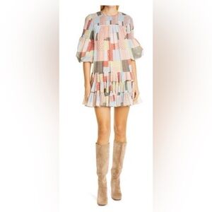 Cinq a Sept Rika Patchwork Tiered Dress with Billow Sleeves, sz 2